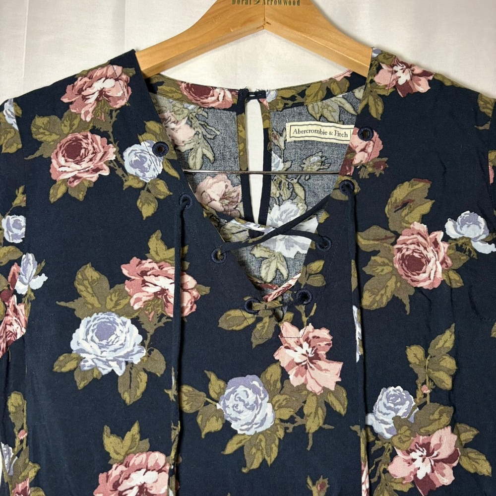 Abercrombie & Fitch‎ Y2K Floral Lace Up Mini Dress Black Rose Print XS Vintage - Picture 4 of 9